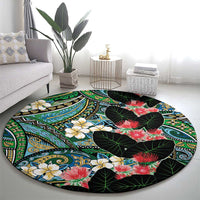 Hawaiian Taro Leaves and Ohia Lehua Round Carpet Polynesian Tribal Art Tropical Plants Motifs Colorful