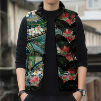 Hawaiian Taro Leaves and Ohia Lehua Sleeveless Puffer Jacket Polynesian Tribal Art Tropical Plants Motifs Colorful