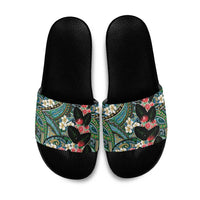 Hawaiian Taro Leaves and Ohia Lehua Slide Sandals Polynesian Tribal Art Tropical Plants Motifs Colorful
