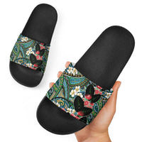 Hawaiian Taro Leaves and Ohia Lehua Slide Sandals Polynesian Tribal Art Tropical Plants Motifs Colorful