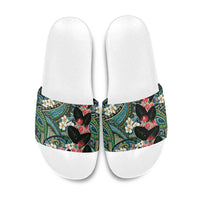 Hawaiian Taro Leaves and Ohia Lehua Slide Sandals Polynesian Tribal Art Tropical Plants Motifs Colorful