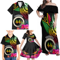 Personalised Vanuatu 44th Anniversary Family Matching Off Shoulder Maxi Dress and Hawaiian Shirt Boars Tusk Tugeta Yumi Selebretem Indipendens Dei LT03 - Polynesian Pride