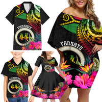 Personalised Vanuatu 44th Anniversary Family Matching Off Shoulder Short Dress and Hawaiian Shirt Boars Tusk Tugeta Yumi Selebretem Indipendens Dei LT03 - Polynesian Pride