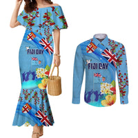 Fiji Day Couples Matching Mermaid Dress and Long Sleeve Button Shirt Tagimoucia Flower and Melanesia Pattern LT03 Blue - Polynesian Pride