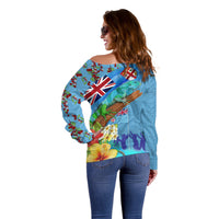 Fiji Day Off Shoulder Sweater Tagimoucia Flower and Melanesia Pattern