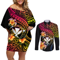 Polynesia Hawaii Turtle Day Couples Matching Off Shoulder Short Dress and Long Sleeve Button Shirt Hibiscus and Kanaka Maoli LT03 Black - Polynesian Pride