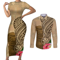 Hawaii Kanaloa Tiki Couples Matching Short Sleeve Bodycon Dress and Long Sleeve Button Shirt Polynesian Tattoo and Tapa Pattern LT03 Beige - Polynesian Pride