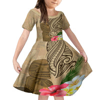 Hawaii Kanaloa Tiki Kid Short Sleeve Dress Polynesian Tattoo and Tapa Pattern