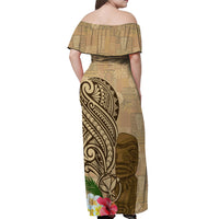 Hawaii Kanaloa Tiki Off Shoulder Maxi Dress Polynesian Tattoo and Tapa Pattern