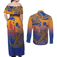 Hawaiki Nui Va'a Solo French Polynesia Couples Matching Off Shoulder Maxi Dress and Long Sleeve Button Shirt Sunset Color LT03 - Polynesian Pride