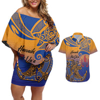 Hawaiki Nui Va'a Solo French Polynesia Couples Matching Off Shoulder Short Dress and Hawaiian Shirt Sunset Color LT03 Yellow - Polynesian Pride