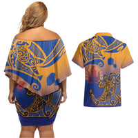 Hawaiki Nui Va'a Solo French Polynesia Couples Matching Off Shoulder Short Dress and Hawaiian Shirt Sunset Color LT03 - Polynesian Pride