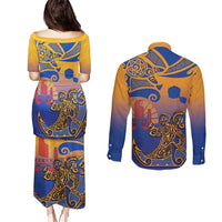 Hawaiki Nui Va'a Solo French Polynesia Couples Matching Puletasi and Long Sleeve Button Shirt Sunset Color LT03 - Polynesian Pride