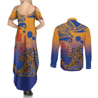 Hawaiki Nui Va'a Solo French Polynesia Couples Matching Summer Maxi Dress and Long Sleeve Button Shirt Sunset Color LT03 - Polynesian Pride