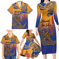 Hawaiki Nui Va'a Solo French Polynesia Family Matching Long Sleeve Bodycon Dress and Hawaiian Shirt Sunset Color