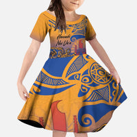 Hawaiki Nui Va'a Solo French Polynesia Family Matching Off The Shoulder Long Sleeve Dress and Hawaiian Shirt Sunset Color LT03 Daughter's Dress Yellow - Polynesian Pride