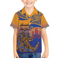 Hawaiki Nui Va'a Solo French Polynesia Family Matching Off The Shoulder Long Sleeve Dress and Hawaiian Shirt Sunset Color LT03 Son's Shirt Yellow - Polynesian Pride