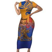 Hawaiki Nui Va'a Solo French Polynesia Short Sleeve Bodycon Dress Sunset Color LT03 Long Dress Yellow - Polynesian Pride