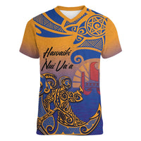 Hawaiki Nui Va'a Solo French Polynesia Women V-Neck T-Shirt Sunset Color LT03 Female Yellow - Polynesian Pride