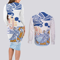 Hawaiki Nui Va'a Solo French Polynesia Couples Matching Long Sleeve Bodycon Dress and Long Sleeve Button Shirt Blue Color LT03 - Polynesian Pride