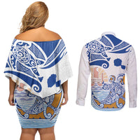 Hawaiki Nui Va'a Solo French Polynesia Couples Matching Off Shoulder Short Dress and Long Sleeve Button Shirt Blue Color LT03 - Polynesian Pride