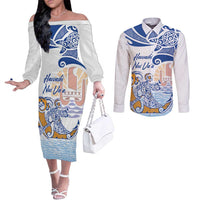 Hawaiki Nui Va'a Solo French Polynesia Couples Matching Off The Shoulder Long Sleeve Dress and Long Sleeve Button Shirt Blue Color LT03 Blue - Polynesian Pride