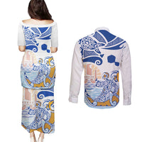 Hawaiki Nui Va'a Solo French Polynesia Couples Matching Puletasi and Long Sleeve Button Shirt Blue Color LT03 - Polynesian Pride