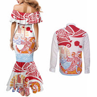 Hawaiki Nui Va'a Solo French Polynesia Couples Matching Mermaid Dress and Long Sleeve Button Shirt Red Color LT03 - Polynesian Pride