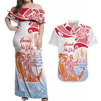 Hawaiki Nui Va'a Solo French Polynesia Couples Matching Off Shoulder Maxi Dress and Hawaiian Shirt Red Color LT03 Red - Polynesian Pride