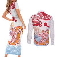 Hawaiki Nui Va'a Solo French Polynesia Couples Matching Short Sleeve Bodycon Dress and Long Sleeve Button Shirt Red Color LT03 - Polynesian Pride