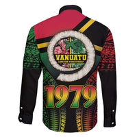 Vanuatu Constitution Day Family Matching Off The Shoulder Long Sleeve Dress and Hawaiian Shirt Polynesian Tattoo and Pig Tusk Since 1979