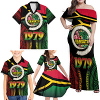 Vanuatu Constitution Day Family Matching Off Shoulder Maxi Dress and Hawaiian Shirt Polynesian Tattoo and Pig Tusk Since 1979 LT03 - Polynesian Pride