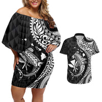 Aloha Hawaii Hammerhead Shark Couples Matching Off Shoulder Short Dress and Hawaiian Shirt Black Kakau and Polynesian Tattoo LT03 Black - Polynesian Pride