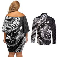 Aloha Hawaii Hammerhead Shark Couples Matching Off Shoulder Short Dress and Long Sleeve Button Shirt Black Kakau and Polynesian Tattoo LT03 - Polynesian Pride
