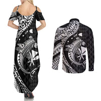 Aloha Hawaii Hammerhead Shark Couples Matching Summer Maxi Dress and Long Sleeve Button Shirt Black Kakau and Polynesian Tattoo LT03