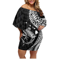 Aloha Hawaii Hammerhead Shark Family Matching Off Shoulder Short Dress and Hawaiian Shirt Black Kakau and Polynesian Tattoo LT03 Mom's Dress Black - Polynesian Pride