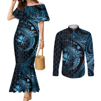 Aloha Hawaii Hammerhead Shark Couples Matching Mermaid Dress and Long Sleeve Button Shirt Blue Kakau and Polynesian Tattoo LT03 Blue - Polynesian Pride