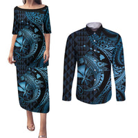 Aloha Hawaii Hammerhead Shark Couples Matching Puletasi and Long Sleeve Button Shirt Blue Kakau and Polynesian Tattoo LT03 Blue - Polynesian Pride