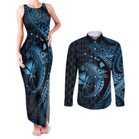 Aloha Hawaii Hammerhead Shark Couples Matching Tank Maxi Dress and Long Sleeve Button Shirt Blue Kakau and Polynesian Tattoo LT03 Blue - Polynesian Pride