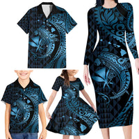 Aloha Hawaii Hammerhead Shark Family Matching Long Sleeve Bodycon Dress and Hawaiian Shirt Blue Kakau and Polynesian Tattoo LT03 - Polynesian Pride