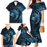 Aloha Hawaii Hammerhead Shark Family Matching Mermaid Dress and Hawaiian Shirt Blue Kakau and Polynesian Tattoo LT03 - Polynesian Pride