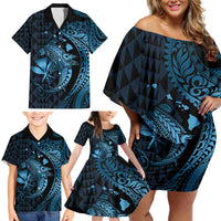 Aloha Hawaii Hammerhead Shark Family Matching Off Shoulder Short Dress and Hawaiian Shirt Blue Kakau and Polynesian Tattoo LT03 - Polynesian Pride