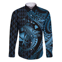 Aloha Hawaii Hammerhead Shark Family Matching Off Shoulder Short Dress and Hawaiian Shirt Blue Kakau and Polynesian Tattoo LT03 Dad's Shirt - Long Sleeve Blue - Polynesian Pride