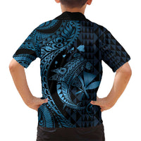 Aloha Hawaii Hammerhead Shark Family Matching Short Sleeve Bodycon Dress and Hawaiian Shirt Blue Kakau and Polynesian Tattoo LT03 - Polynesian Pride