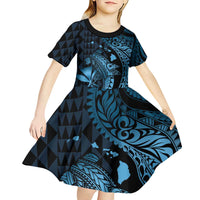 Aloha Hawaii Hammerhead Shark Kid Short Sleeve Dress Blue Kakau and Polynesian Tattoo LT03
