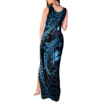 Aloha Hawaii Hammerhead Shark Tank Maxi Dress Blue Kakau and Polynesian Tattoo LT03