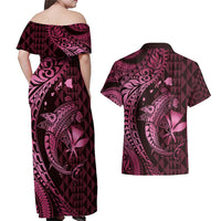 Aloha Hawaii Hammerhead Shark Couples Matching Off Shoulder Maxi Dress and Hawaiian Shirt Pink Kakau and Polynesian Tattoo LT03