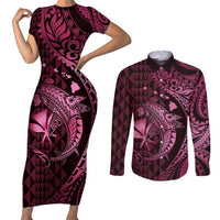 Aloha Hawaii Hammerhead Shark Couples Matching Short Sleeve Bodycon Dress and Long Sleeve Button Shirt Pink Kakau and Polynesian Tattoo LT03
