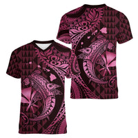 Aloha Hawaii Hammerhead Shark Women V-Neck T-Shirt Pink Kakau and Polynesian Tattoo LT03 - Polynesian Pride
