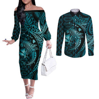 Aloha Hawaii Hammerhead Shark Couples Matching Off The Shoulder Long Sleeve Dress and Long Sleeve Button Shirt Turquoise Kakau and Polynesian Tattoo LT03
